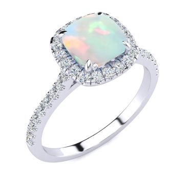 Opal Ring: 2 Carat Cushion Cut Created Opal and Halo Diamond Ring In Sterling Silver