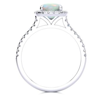 Opal Ring: 2 Carat Cushion Cut Created Opal and Halo Diamond Ring In Sterling Silver