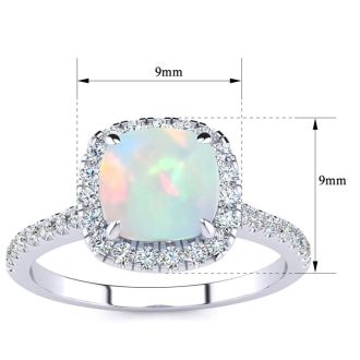 Opal Ring: 2 Carat Cushion Cut Created Opal and Halo Diamond Ring In Sterling Silver