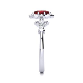 Ruby Ring: 1 Carat Oval Shape Created Ruby and Halo Diamond Ring In Sterling Silver