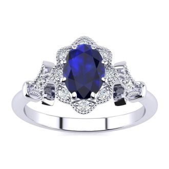Sapphire Ring: 1 Carat Oval Shape Created Sapphire and Halo Diamond Ring In Sterling Silver