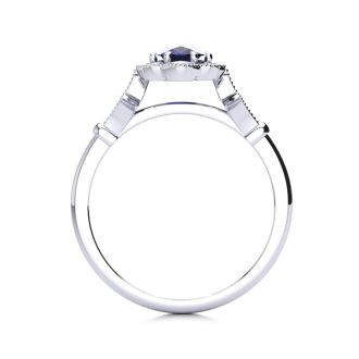 Sapphire Ring: 1 Carat Oval Shape Created Sapphire and Halo Diamond Ring In Sterling Silver