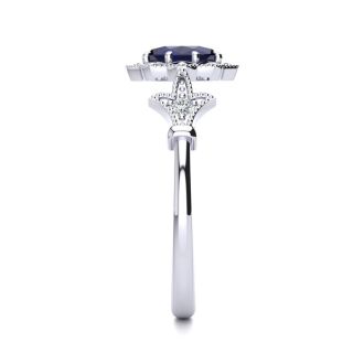 Sapphire Ring: 1 Carat Oval Shape Created Sapphire and Halo Diamond Ring In Sterling Silver