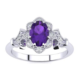 Amethyst Ring: 1 Carat Oval Shape Amethyst and Halo Diamond Ring In Sterling Silver