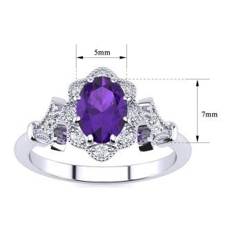 Amethyst Ring: 1 Carat Oval Shape Amethyst and Halo Diamond Ring In Sterling Silver