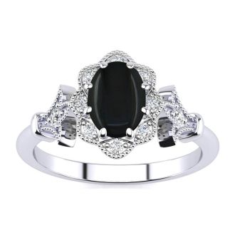 Black Onyx Ring: 1 Carat Oval Shape Black Onyx and Halo Diamond Ring In Sterling Silver