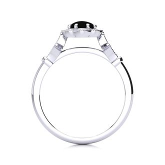 Black Onyx Ring: 1 Carat Oval Shape Black Onyx and Halo Diamond Ring In Sterling Silver