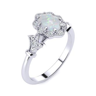 Opal Ring: 1 Carat Oval Shape Created Opal and Halo Diamond Ring In Sterling Silver