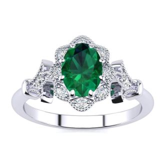 Emerald Ring: 1 Carat Oval Shape Created Emerald and Halo Diamond Ring In Sterling Silver