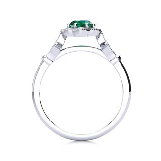 Emerald Ring: 1 Carat Oval Shape Created Emerald and Halo Diamond Ring In Sterling Silver