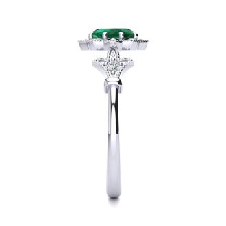 Emerald Ring: 1 Carat Oval Shape Created Emerald and Halo Diamond Ring In Sterling Silver