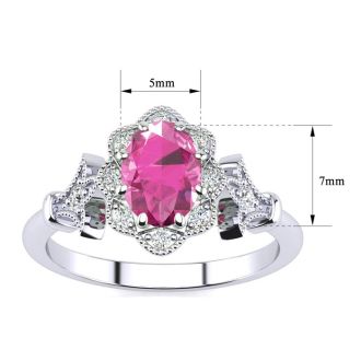 Pink Sapphire Ring: 1 Carat Oval Shape Created Pink Sapphire and Halo Diamond Ring In Sterling Silver