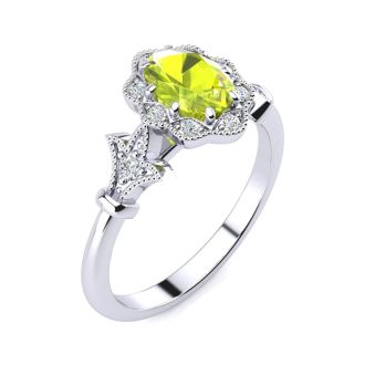 Peridot Ring: 1 Carat Oval Shape Peridot and Halo Diamond Ring In Sterling Silver