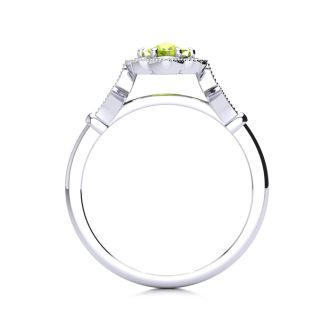 Peridot Ring: 1 Carat Oval Shape Peridot and Halo Diamond Ring In Sterling Silver