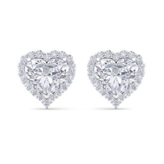 4 1/2 Carat Heart Shape Halo Lab Grown Diamond Stud Earrings In 14 Karat White Gold