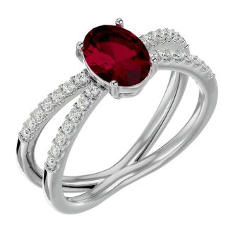 Ruby Ring: 1 1/2 Carat Oval Shape Created Ruby and Halo Diamond Ring In Sterling Silver