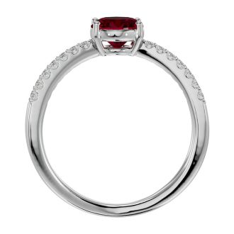 Ruby Ring: 1 1/2 Carat Oval Shape Created Ruby and Halo Diamond Ring In Sterling Silver