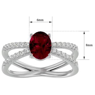 Ruby Ring: 1 1/2 Carat Oval Shape Created Ruby and Halo Diamond Ring In Sterling Silver