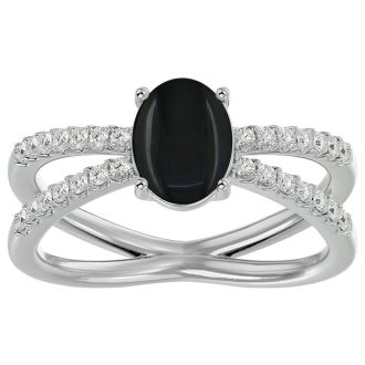 Black Onyx Ring: 1 1/2 Carat Oval Shape Black Onyx and Halo Diamond Ring In Sterling Silver