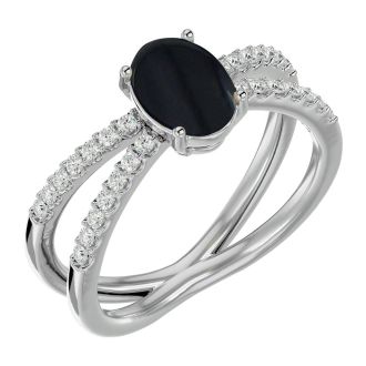 Black Onyx Ring: 1 1/2 Carat Oval Shape Black Onyx and Halo Diamond Ring In Sterling Silver
