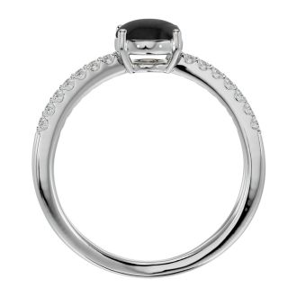Black Onyx Ring: 1 1/2 Carat Oval Shape Black Onyx and Halo Diamond Ring In Sterling Silver