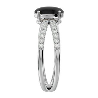 Black Onyx Ring: 1 1/2 Carat Oval Shape Black Onyx and Halo Diamond Ring In Sterling Silver
