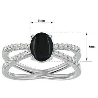 Black Onyx Ring: 1 1/2 Carat Oval Shape Black Onyx and Halo Diamond Ring In Sterling Silver