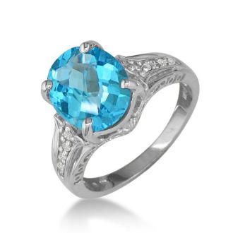 Blue Topaz Jewelry: 4ct Blue Topaz and Diamond Ring in 10k White Gold | Fine Gemstone Jewelry