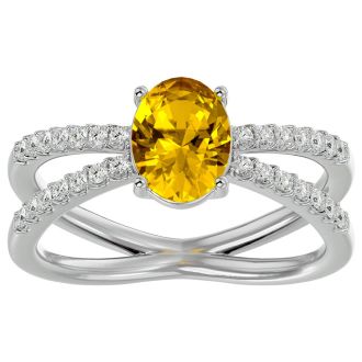 Citrine Ring: 1 1/2 Carat Oval Shape Citrine and Halo Diamond Ring In Sterling Silver