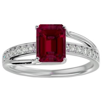 Ruby Ring: 1 3/4 Carat Emerald Shape Created Ruby and Diamond Ring In Sterling Silver