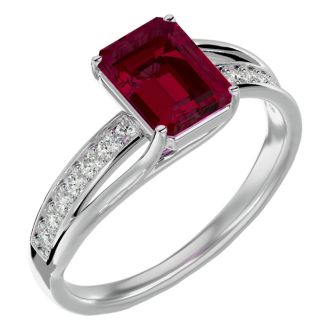 Ruby Ring: 1 3/4 Carat Emerald Shape Created Ruby and Diamond Ring In Sterling Silver