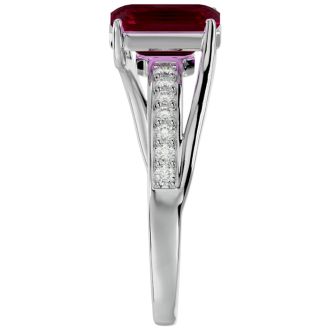 Ruby Ring: 1 3/4 Carat Emerald Shape Created Ruby and Diamond Ring In Sterling Silver