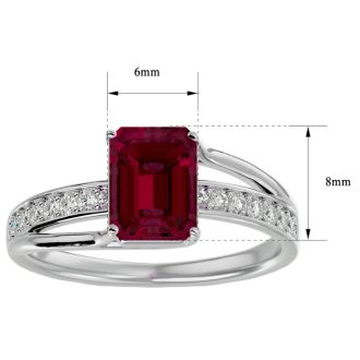 Ruby Ring: 1 3/4 Carat Emerald Shape Created Ruby and Diamond Ring In Sterling Silver