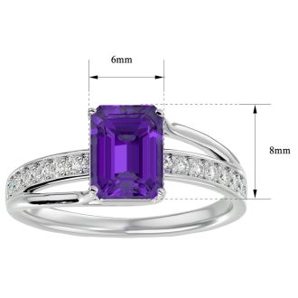 Amethyst Ring: 1 3/4 Carat Emerald Shape Amethyst and Diamond Ring In Sterling Silver