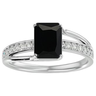 Black Onyx Ring: 1 3/4 Carat Emerald Shape Black Onyx and Diamond Ring In Sterling Silver