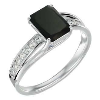 Black Onyx Ring: 1 3/4 Carat Emerald Shape Black Onyx and Diamond Ring In Sterling Silver