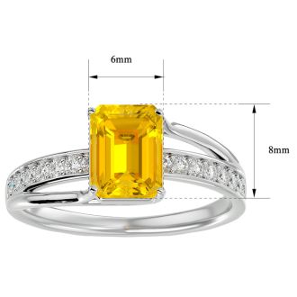 Citrine Ring: 1 3/4 Carat Emerald Shape Citrine and Diamond Ring In Sterling Silver