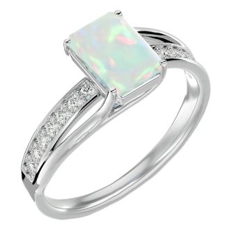 Opal Ring: 1 3/4 Carat Emerald Shape Created Opal and Diamond Ring In Sterling Silver