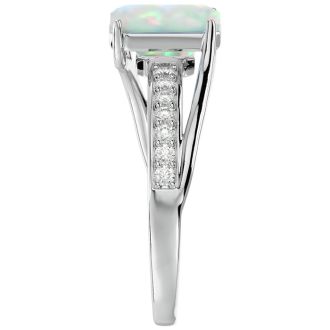 Opal Ring: 1 3/4 Carat Emerald Shape Created Opal and Diamond Ring In Sterling Silver
