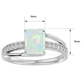 Opal Ring: 1 3/4 Carat Emerald Shape Created Opal and Diamond Ring In Sterling Silver