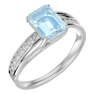 Aquamarine Ring: 1 3/4 Carat Emerald Shape Aquamarine and Diamond Ring In Sterling Silver