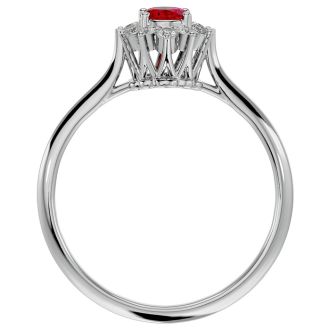 Ruby Ring: 2/3 Carat Oval Shape Created Ruby and Halo Diamond Ring In Sterling Silver