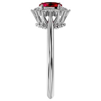 Ruby Ring: 2/3 Carat Oval Shape Created Ruby and Halo Diamond Ring In Sterling Silver
