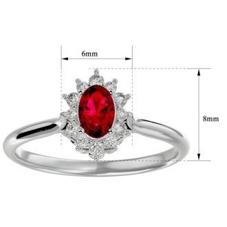Ruby Ring: 2/3 Carat Oval Shape Created Ruby and Halo Diamond Ring In Sterling Silver