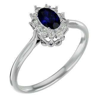 Sapphire Ring: 2/3 Carat Oval Shape Created Sapphire and Halo Diamond Ring In Sterling Silver