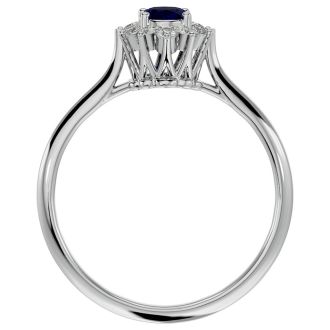 Sapphire Ring: 2/3 Carat Oval Shape Created Sapphire and Halo Diamond Ring In Sterling Silver