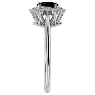 Sapphire Ring: 2/3 Carat Oval Shape Created Sapphire and Halo Diamond Ring In Sterling Silver