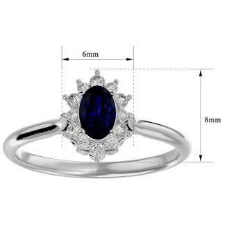 Sapphire Ring: 2/3 Carat Oval Shape Created Sapphire and Halo Diamond Ring In Sterling Silver
