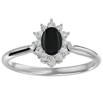 Black Onyx Ring: 2/3 Carat Oval Shape Black Onyx and Halo Diamond Ring In Sterling Silver