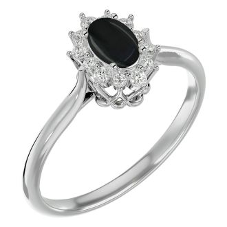 Black Onyx Ring: 2/3 Carat Oval Shape Black Onyx and Halo Diamond Ring In Sterling Silver